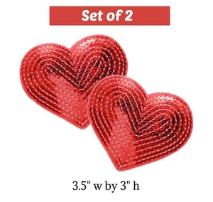 Set of 2 Red Sequin Heart Iron on / Sew on Patches, 3.5"  by 3", Applique - Picture 1 of 4