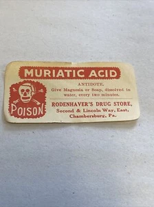 Vintage 1890-1910 Muriatic Acid Chambersburg Pa Skull Poison Bottle Label - Picture 1 of 4