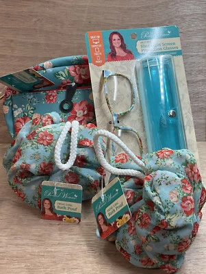 Pioneer Woman Blue Light Glasses/Cosmetic Bag/2 Bath Poufs Set Of 4 - Image 1 of 4