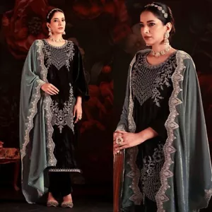 BLACK VELVET HEAVY EMBR INDIAN PAKISTANI READYMADE SALWAR KAMEEZ SUIT LADIES DEN - Picture 1 of 3