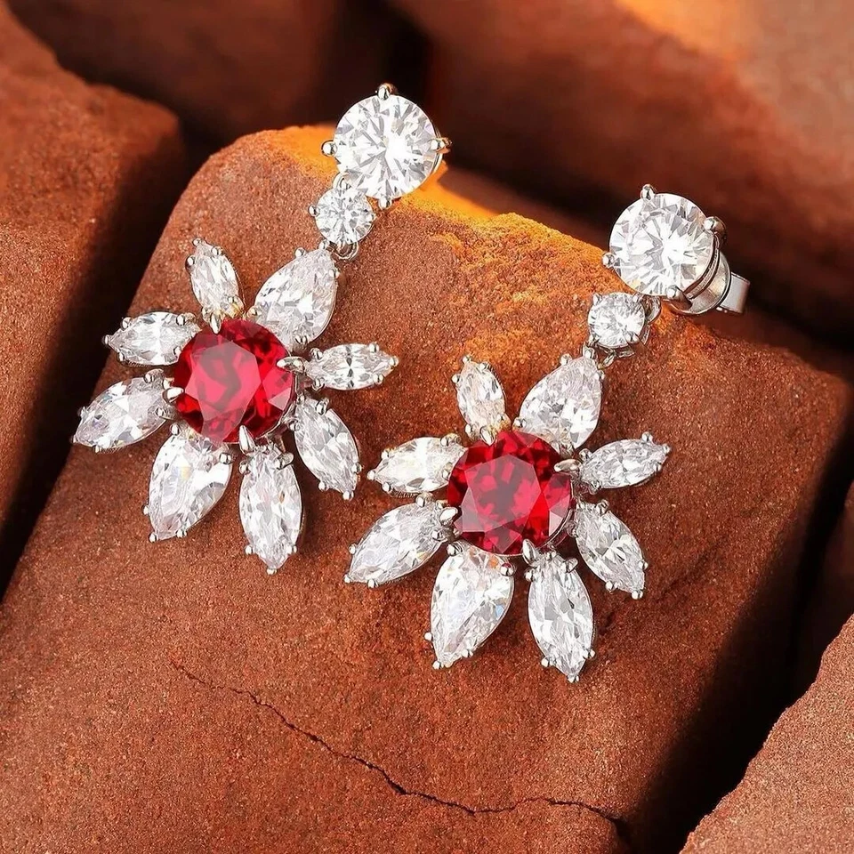 Solid 14K White Gold 6.35 Ct Round Cut Natural Ruby & Diamond Earring Stud - Image 1 of 4
