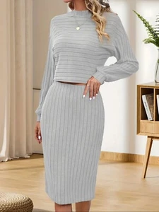 Women Ribbed Sweater-Skirt Two Piece Set Large Gray Round Neck Mid Waist Outfits - Picture 1 of 13