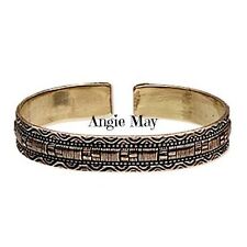 Brass & Copper Cuff Healing Bracelet  w Square & Wave Design 3" Large Men Bangle