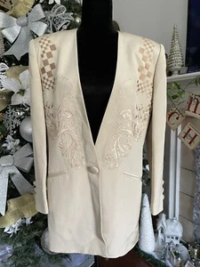 Suzelle Vintage 100% Silk Beige Embroidered Blazer Coat Women's Jacket - Picture 1 of 6