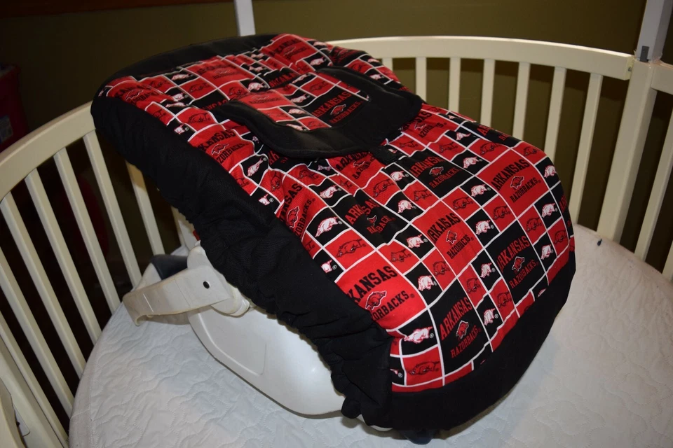 CUSTOM MADE AR SEAT CARRIER COVER MADE/WITH ARKANSAS RAZORBACKS  FABRIC - Image 1 of 3