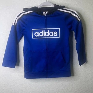 ADIDAS Youth Full Zip Hoodie Blue Jacket Sz 7 Classic 3 Stripes EUC With Pockets - Picture 1 of 4