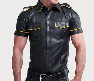Formal Handmade Stylish Casual Classic Men Black Genuine Leather Lambskin Shirt - Picture 1 of 6