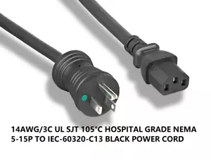Cable de alimentación negro PTC 6 ft 14AWG 15 amperios grado hospitalario punto verde 5-15P a C13 SJT - Imagen 1 de 4