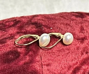 14K Yellow Gold Pearl Earrings 1.18g Fine Jewelry Hinged Closure - Picture 1 of 18