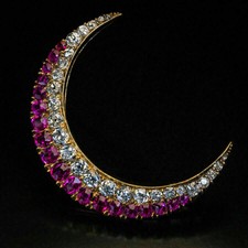Gold Over Crescent Moon Brooch Pin Antique 1.20Ct Round Cut Ruby 14k Yellow