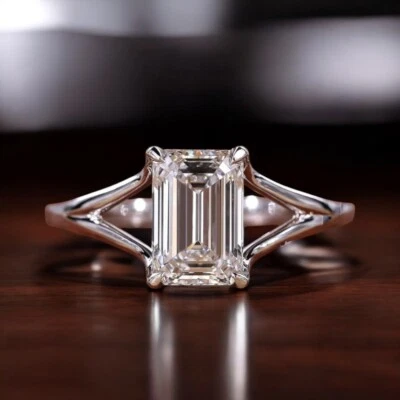 18k White Gold Wedding Ring 1.50 Ct IGI Lab Grown Emerald Cut Diamond Size 7 7.5 - Image 1 of 4