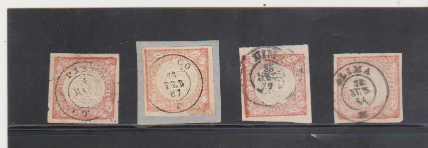 Escudo Peru Scott # 12 usado 1862-63 1d rojo 4 ciudad diferente cancelar Foto 1 de 1