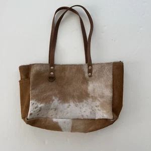 Myra Bag Leather Cowhide Tote Purse Bag Brown Cream Zip Closure - Picture 1 of 8