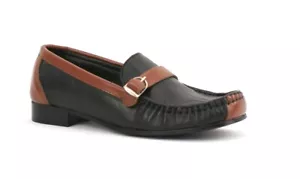 LADIES WOMENS REAL LEATHER FLAT BLOCK HEEL BLACK TAN LOAFERS PUMPS SHOES SIZE - Picture 1 of 4