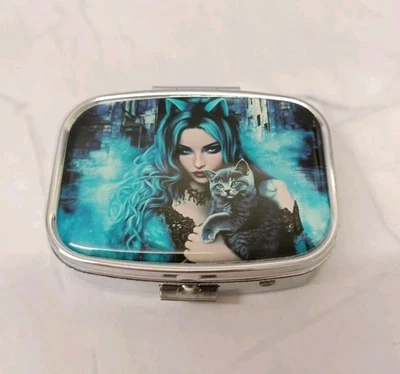 Cat Lady Design Rectangular Pill Box With Mirror in Lid BNWOT - Image 1 of 3