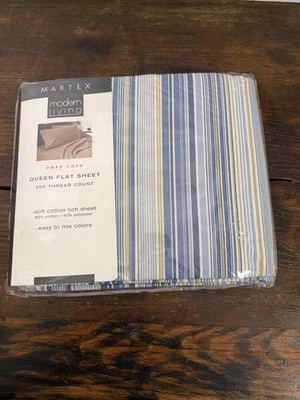 Sábana plana Martex Modern Living Queen rayas azules doradas nueva/sellada Foto 1 de 4