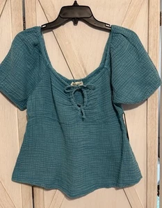 Derek Heart Sz Medium Women’s Blouse Turquoise Short Sleeve Tie Front Babydoll - Picture 1 of 5