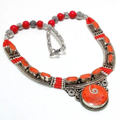 Collar Coral Rojo Tibetano Plata Dije Cuentas Hecho a Mano Joyería Baho 18" NN 4238 Foto 1 de 4