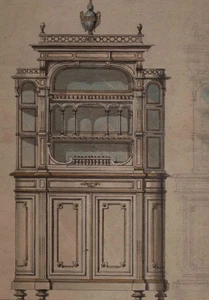 Entwurf Möbel Schrank Anrichte Historismus koloriert Farbzeichnung Ende 19 Jhd - Bild 1 von 3