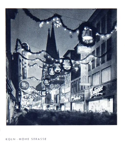 50er WEIHNACHTSKARTE DEUTSCHLAND KÖLN HOHE STRASSE DEKORIERT GESCHÄFTE COVER - Bild 1 von 3