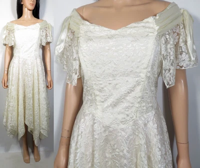 Vintage 90s Ivory Lace Dress With Handkerchief Hem And Satin Details Size 26/27 - Image 1 of 4