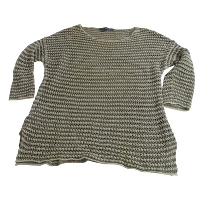 360 毛衣米色条纹开放式针织套衫束腰上衣女式 S 码亚麻海滩  — 第 1/4 张图片