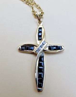 10k 黄金蓝色蓝宝石和钻石十字架吊坠 17 英寸链式项链 #916 — 第 1/4 张图片