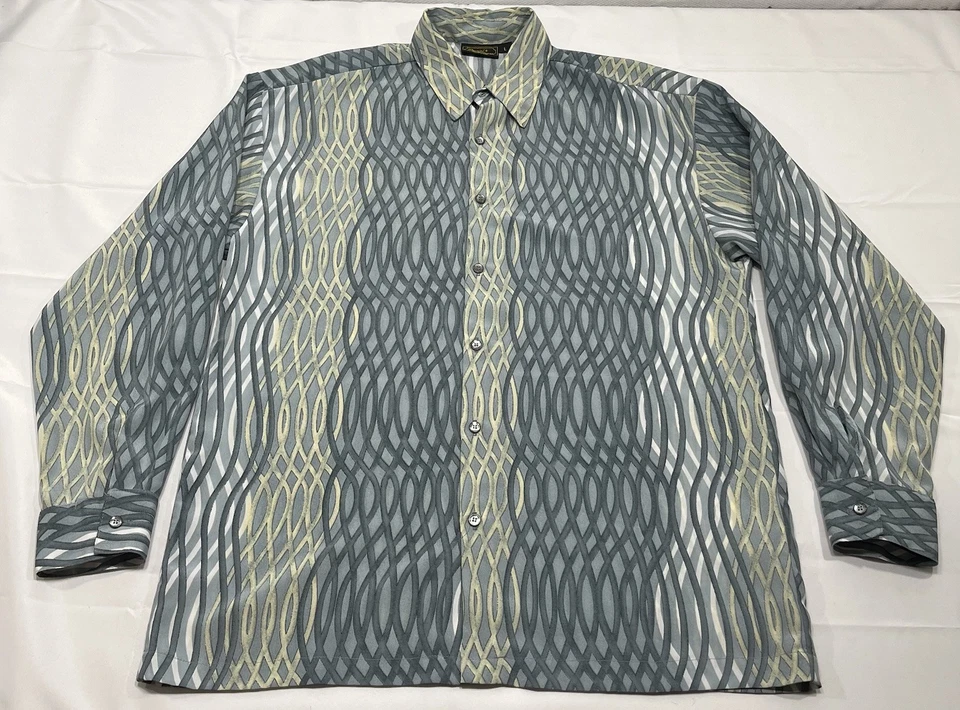 Monzini Collection Shirt Men’s Large Wavy Striped Abstract Button Disco Rare USA - Image 1 of 4