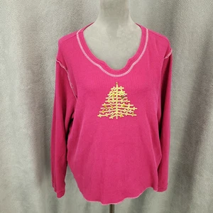 Quaker Factory Holiday Sweater Womens Large Christmas Tree Waffle Knit Top Pink - Picture 1 of 10