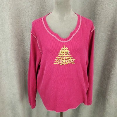 Quaker Factory Holiday Sweater Womens Large Christmas Tree Waffle Knit Top Pink - Image 1 of 4