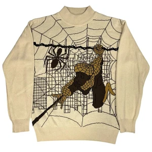 Vintage 90s Spiderman Comic Knit Sweater Men's Size L Barcode Brown Rare Y2K - Picture 1 of 8