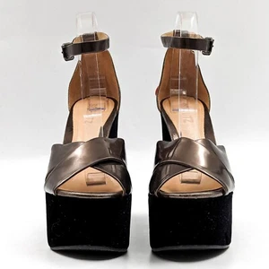 Schutz Lucrecia Black Fabric Party Chrome Wedge Platform Heel Sandals 8.5 - Picture 1 of 11