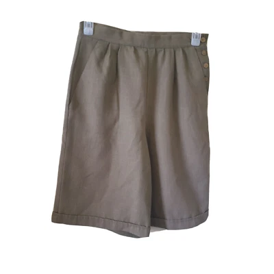 Vintage 90s Green Linen Mix Baggy Shorts Sz 12 Landgirl Turn Ups - Image 1 of 4