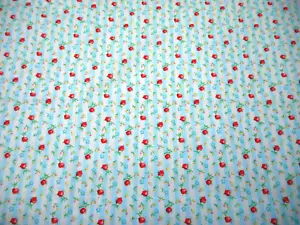 Floral Fabric 1 1/4 Yard Sm Red Roses on Blue & White Stripe Premium Cotton #B C - Picture 1 of 2