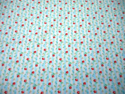 Floral Fabric 1 1/4 Yard Sm Red Roses on Blue & White Stripe Premium Cotton #B C - Image 1 of 2