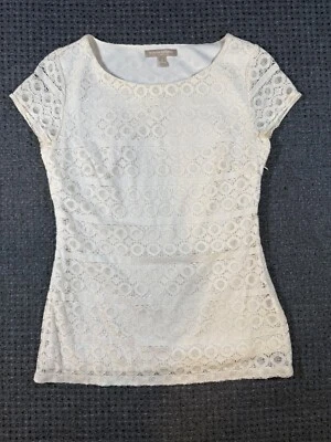 Banana Republic T-Shirt Women 0 White Geometric Crochet Lined Short Sleeve — 第 1/4 张图片