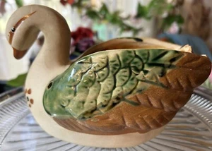 Vintage Hanging Swan Planter Earthenware w/ Glazed Wings, Green, Brown Ceramic - Picture 1 of 12