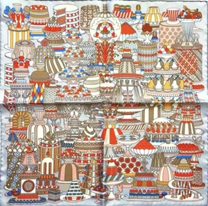 HERMES New Scarf Silk 100% Carre45 "La Patisserie Francaise" Gray/Blue/Beige/Red - Picture 1 of 8