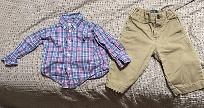 Ralph Lauren Polo a Cuadros Camisa con Botones y Pantalones Caqui Conjunto Talla 12m - Usado Foto 1 de 4