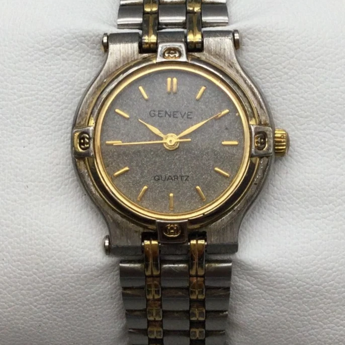 Винтажные женские часы Geneve 25 мм золотистый серебристый блестящий циферблат новый аккумулятор 8,5 дюйма - Изображение 1 из 4