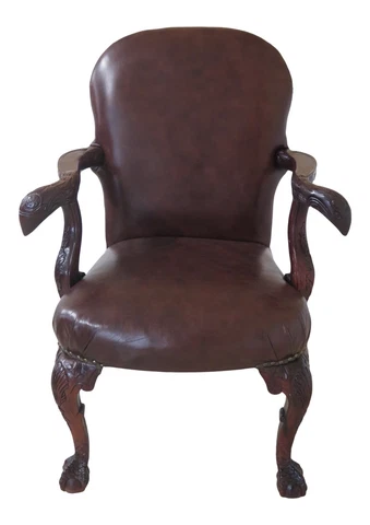 31354EC: Carved Mahogany Claw Foot Arm Chair w. Eagle Arms Cover