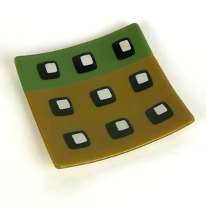 Glass Tray Square Fused Midcentury Modern Green Yellow Retro Display Trinket - Picture 1 of 8