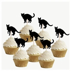 24 Precut Black Cats Food Cupcake Toppers Picks Party Halloween Decorations - Picture 1 of 7