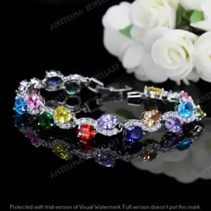 7 Karat oval simuliert Multi Edelstein Damen Tennis Armband 14K Weißgold Oberfläche - Bild 1 von 6