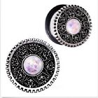 PAIR STEEL STEAMPUNK GEAR WITH WHITE OPAL SINGLE FLARED GAUGES PLUGS 4g - 5/8"