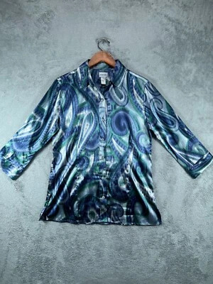 Womens Tops Shirts Medium 8 Chicos Blouse Blue Satin Boho Chic Button Up Collard - Image 1 of 4