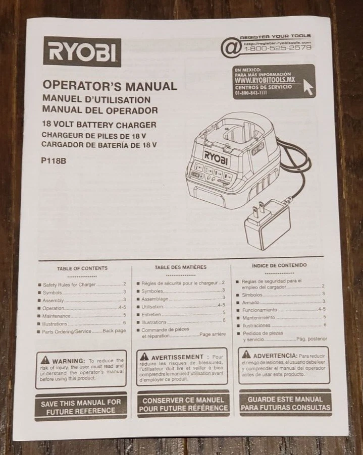 RYOBI 18V P118B Battery Charger Operator's Manual English French Spanish 18 Volt - Image 1 of 1