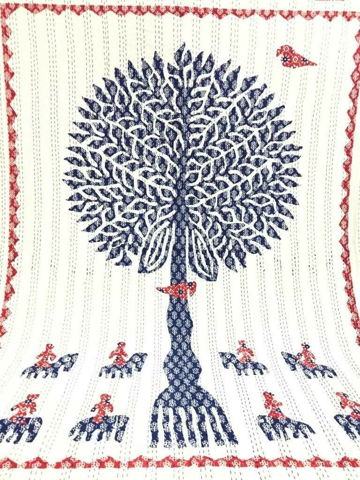 TREE OF LIFE KANTHA QUILT BEDSPREAD COTTON HANDMADE INDIAN BLANKET KING SIZE - Image 1 of 4
