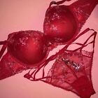 Victoria's Secret 36DD BRA SET XL panty Strappy RED Pink Foil Floral Embroidered