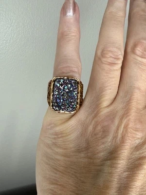 Genuine Emerald Shaped Iridescent Drusy Stainless Steel Copper Color Ring Size 5 - Image 1 of 4